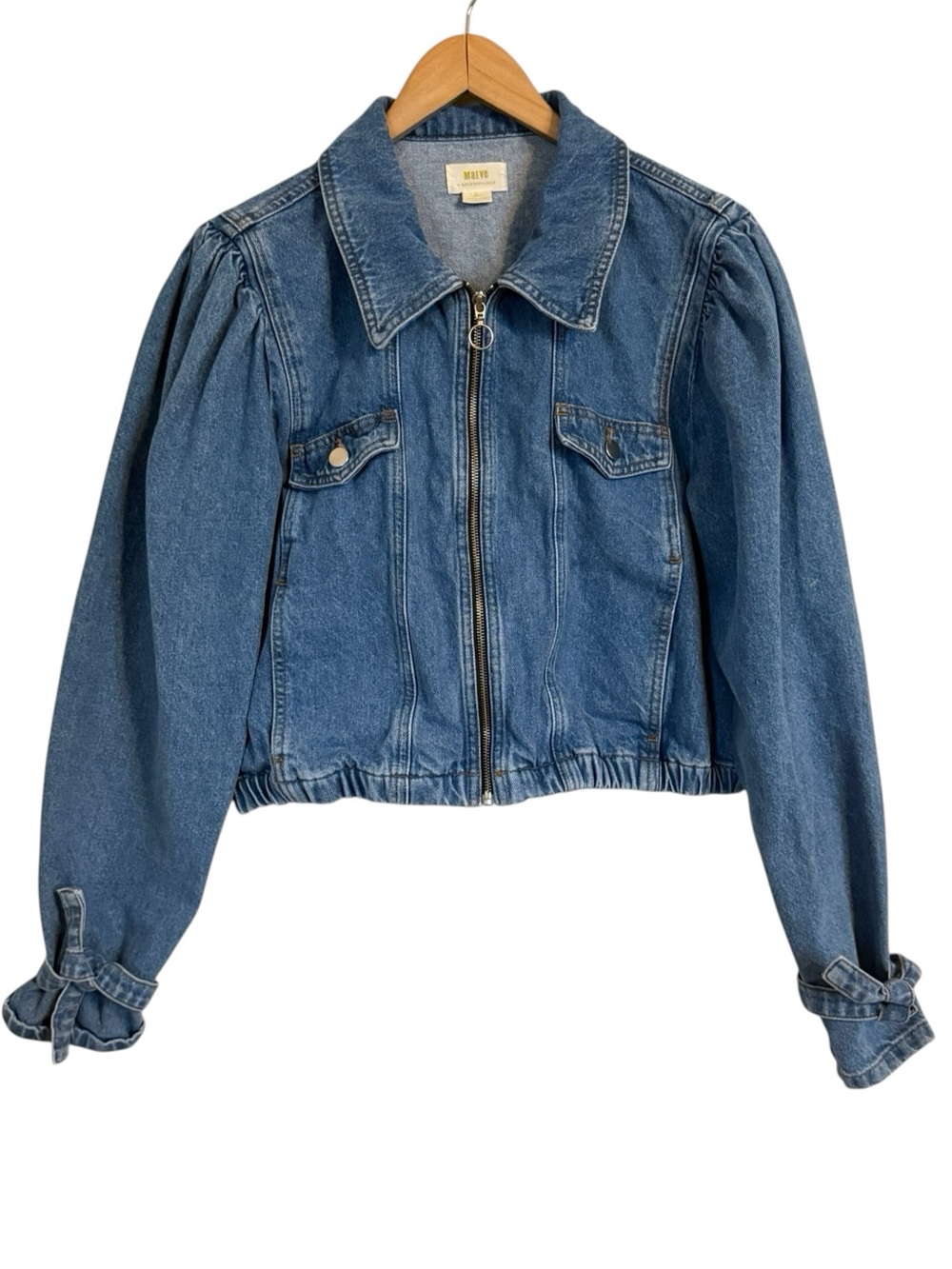 Maeve Anthropologie Denim Bomber Jacket Balloon Sleeve Cropped Zip Women’s Sz XL